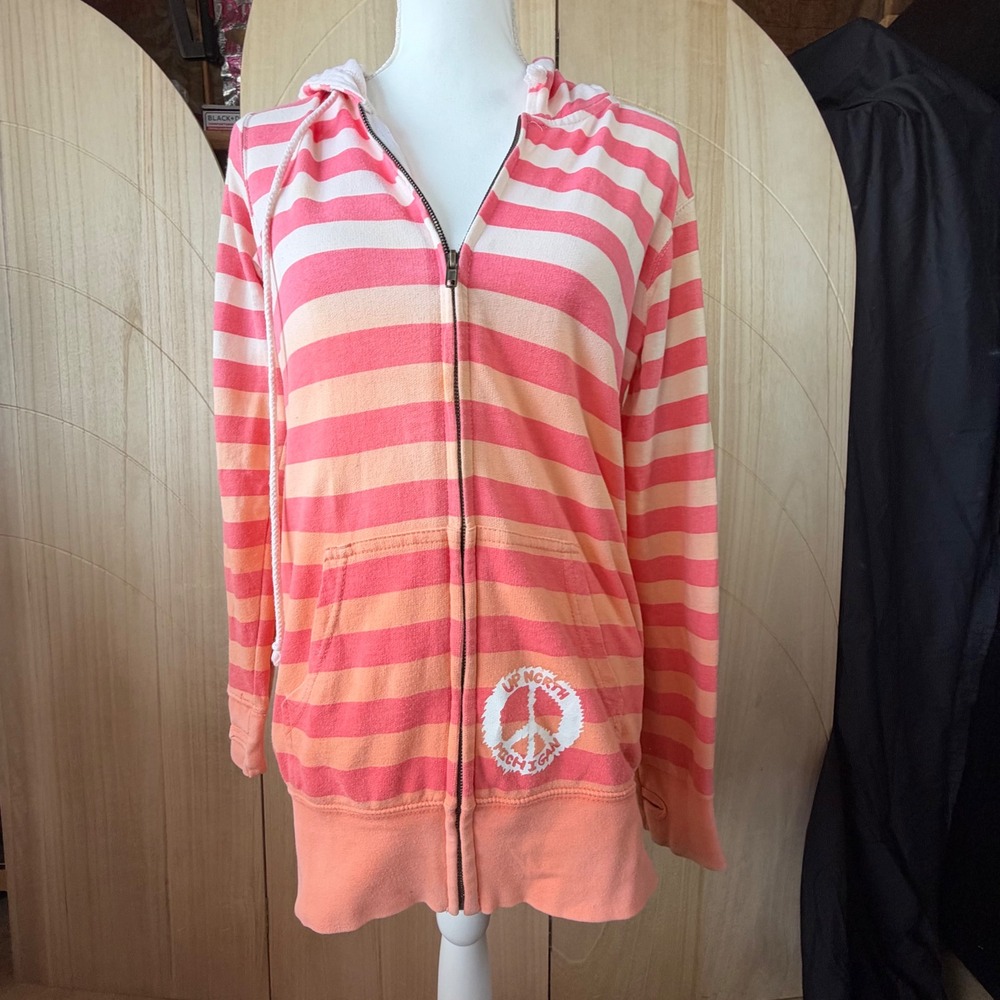 Momentum Zip Up Hoodie XL Pink Orange Striped Peace Sign Michigan Casual Surf